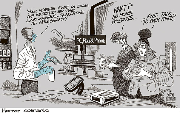 Oliver Schopf, editorial cartoons from Austria, cartoonist from Austria, Austrian illustrations, illustrator from Austria, editorial cartoon politics politician International, Politico, Cartoon Arts International, 2020 : CORONAVIRUS SARS-CoV-2 COVID-19 MOBILE CELL PHONE DIGITAL STORE INFECTION QUARANTINE POSTING TALKING COMPUTER VIRUS 
