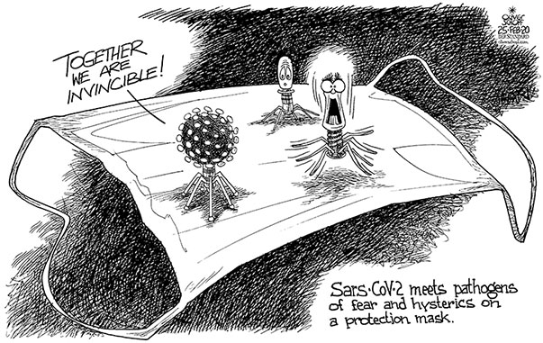 Oliver Schopf, editorial cartoons from Austria, cartoonist from Austria, Austrian illustrations, illustrator from Austria, editorial cartoon politics politician International, Politico, Cartoon Arts International, 2020 : SARS CoV 2 COVID-19 CORONAVIRUS PANDEMIE PATHOGEN FEAR HYSTERICSPROTECTION MASK SPREADING SPREAD 
