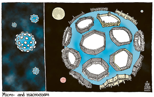 Oliver Schopf, editorial cartoons from Austria, cartoonist from Austria, Austrian illustrations, illustrator from Austria, editorial cartoon politics politician International, Politico, Cartoon Arts International, 2020 : CORONAVIRUS SARS CoV 2 COVID 19 VIRUS PLANET EARTH MICROKOSM MAKROCOSM HEALTH WALL FENCE BORDER FORTRESS SEPARATION VIROLOGY   

