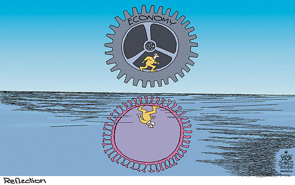 Oliver Schopf, editorial cartoons from Austria, cartoonist from Austria, Austrian illustrations, illustrator from Austria, editorial cartoon politics politician International, Politico, Cartoon Arts International, 2021: CORONAVIRUS CRISIS SARS-CoV-2 COVID-19 CAPITALISM ECONOMY FINANCE STOCK MARKET WHEEL MACHINERY GEAR MIRROR REFLECTION     

