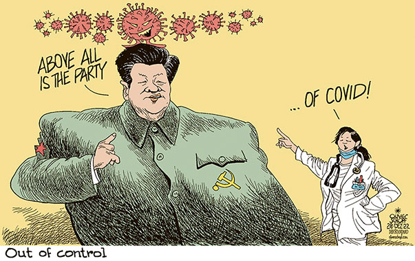 Oliver Schopf, editorial cartoons from Austria, cartoonist from Austria, Austrian illustrations, illustrator from Austria, editorial cartoon politics politician International, Cartoon Arts International, 2022: CHINA COMMUNIST PARTY XI JINPING CORONA VIRUS PANDEMIC COVID-19 OPENING OUT OF CONTROL POWER DOCTOR  

