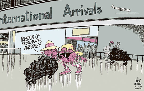 Oliver Schopf, editorial cartoons from Austria, cartoonist from Austria, Austrian illustrations, illustrator from Austria, editorial cartoon politics politician International, Cartoon Arts International, 2021: CORONAVIRUS CRISIS SARS-CoV-2 COVID-19 DELTA AIRLINES MUTATION MUTANT VARIANT INDIA FREEDOM MOVEMENT TRAVEL AIPORT ARRIVALS     
