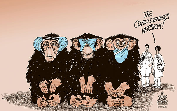 Oliver Schopf, editorial cartoons from Austria, cartoonist from Austria, Austrian illustrations, illustrator from Austria, editorial cartoon politics politician International, Politico, Cartoon Arts International, 2020: CORONAVIRUS CRISIS SARS-CoV-2 COVID-19 DENIERS CONSPIRACY THEORY THREE MONKEYS FACE MASK VACCINATE VACCINE DOCTORS   
