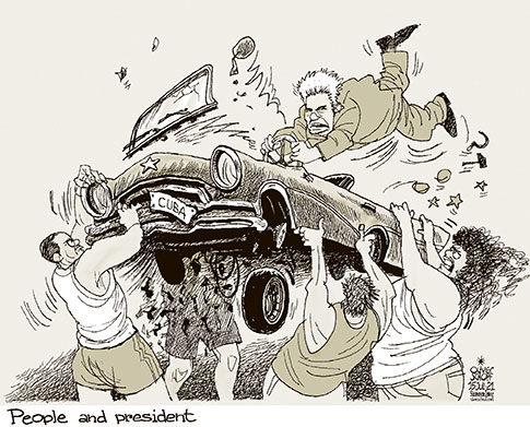 Oliver Schopf, editorial cartoons from Austria, cartoonist from Austria, Austrian illustrations, illustrator from Austria, editorial cartoon politics politician International, Cartoon Arts International, 2021: CUBA PRESIDENT MIGUEL DIAZ-CANEL PEOPLE PROTEST DEMO ANTIQUE VINTAGE CLASSIC CAR SHAKING ROCK JOGGLING    

