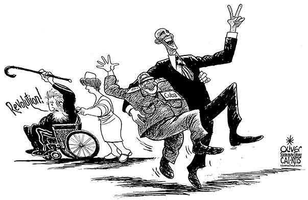 Oliver Schopf, editorial cartoons from Austria, cartoonist from Austria, Austrian illustrations, illustrator from Austria, editorial cartoon politics politician International, Cartoon Arts International, New York Times Syndicate, Cagle cartoon USA CUBA 2015 USA CUBA USA OBAMA RAUL CASTRO FIDEL CASTRO REVOLUTION WHEEL CHAIR NURSE DANCE   

