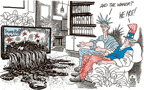 Oliver Schopf, editorial cartoons from Austria, cartoonist from Austria, Austrian illustrations, illustrator from Austria, editorial cartoon politics politician International, Politico, Cartoon Arts International, 2020: USA PRESIDENT ELECTIONS CAMPAIGN TRUMP BIDEN DEBATE TV WATCH MUD MUDSLINGING LADY LIBERTY UNCLE SAM LIVINGROOM WINNER LOSER  
