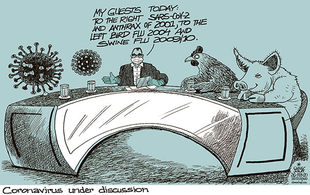 Oliver Schopf, editorial cartoons from Austria, cartoonist from Austria, Austrian illustrations, illustrator from Austria, editorial cartoon politics politician International, Politico, Cartoon Arts International, 2020 : CORONAVIRUS SARS-CoV-2 COVID-19 ANTHRAX BIRD FLUE SWINE FLUE TALK SHOW DISCUSSION GUESTS TELEVISON   
