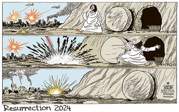 Oliver Schopf, editorial cartoons from Austria, cartoonist from Austria, Austrian illustrations, illustrator from Austria, editorial cartoon politics politician International, Cartoon Movement, CartoonArts International 2024: EASTER RESURRECTION JESUS TOMB GRAVE ROCK CUT TOMB STONE WAR UKRAINE GAZA SHELTER ESCAPE 













