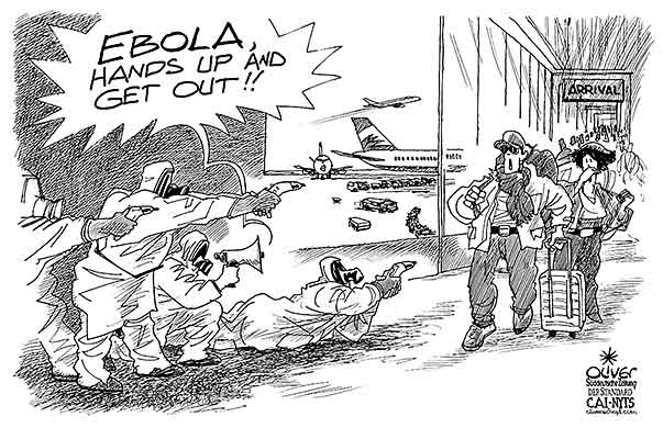 Oliver Schopf, editorial cartoons from Austria, cartoonist from Austria, Austrian illustrations, illustrator from Austria, editorial cartoon miscellaneous  2014 EBOLA VIRUS AIRPORT CONTROL HEALTH FEVER HANDS UP POLICE PASSENGER ARRIVAL  