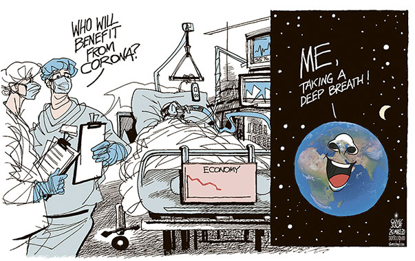 Oliver Schopf, editorial cartoons from Austria, cartoonist from Austria, Austrian illustrations, illustrator from Austria, editorial cartoon politics politician International, Politico, Cartoon Arts International, 2020: CORONAVIRUS CRISIS SARS-COV-2 COVID-19 ECONOMY BENEFIT PROFIT  PATIENT PNEUMONIA DOCTORS HOSPITAL VENTILATION HEALTH PLANET EARTH CLIMATE CHANGE FRESH AIR BREATH BREATHING   


