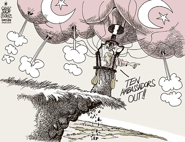 Oliver Schopf, editorial cartoons from Austria, cartoonist from Austria, Austrian illustrations, illustrator from Austria, editorial cartoon politics politician International, Süddeutsche Zeitung, opinion page, Seite 4, Meinung, Cartoon Arts International, 2021: TURKEY ERDOGAN  HOT AIR BALLOON HOLE AMBASSADORS GET OUT EDGE ABYSS PRECIPICE    
   

