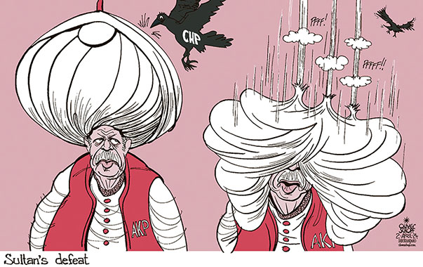 Oliver Schopf, editorial cartoons from Austria, cartoonist from Austria, Austrian illustrations, illustrator from Austria, editorial cartoon politics politician International, Cartoon Movement, CartoonArts International 2024: TURKEY RECEP TAYYIP ERDOĞAN LOCAL ELECTIONS CHP WINNER ISTANBUL SULTAN TURBAN RAVEN BALLOON AIR 













