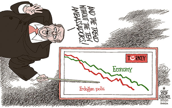 Oliver Schopf, editorial cartoons from Austria, cartoonist from Austria, Austrian illustrations, illustrator from Austria, editorial cartoon politics politician International, Cartoon Arts International, 2021: ERDOGAN TURKEY ECONOMY POLLS AMBASSADORS TURN AROUND STATISTIC TWISTED CHART  
   

