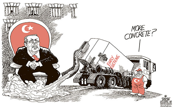 Oliver Schopf, editorial cartoons from Austria, cartoonist from Austria, Austrian illustrations, illustrator from Austria, editorial cartoon politics politician International, Cartoon Arts International, New York Times Syndicate, Cagle cartoon 2018 TURKEY ERDOGAN EARLY ELECTIONS CONCRETE TRUCK POWER JAIL IMPRISIONERS 
   

