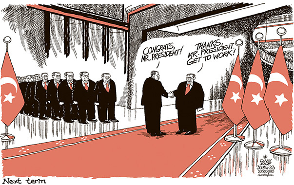 Oliver Schopf, editorial cartoons from Austria, cartoonist from Austria, Austrian illustrations, illustrator from Austria, editorial cartoon politics politician International, Cartoon Movement, CartoonArts International 2023: TURKEY RECEP TAYYIP ERDOǦAN PRESIDENT ELECTIONS REELECTED RUN-OFF FINAL BALLOT WINNER PALACE ANKARA CONGRATULATIONS CONGRATS

