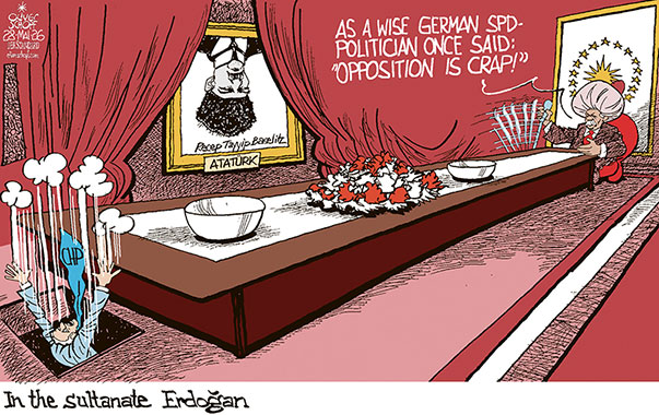 Oliver Schopf editorial cartoon 2026 : Former German SPD-leader Franz Müntefering once pushed from the opposition to the Merkel-government – with the phrase “Opposition is crap!” That’s what it is for Erdogan, only with a different intention.
Oliver Schopf, editorial cartoons from Austria, cartoonist from Austria, Austrian illustrations, illustrator from Austria, editorial cartoon politics politician International, Cartoon Movement, @oliverschopf.bsky.social 2026: TURKEY ERDOGAN CHP OPPOSITION ÖZEL AUTOCRACY SULTAN SULTANATE TABLE FALL BOTTOM FLAP ATATÜRK BASELITZ MÜNTEFERING OPPOSITION IS CRAP