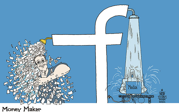 Oliver Schopf, editorial cartoons from Austria, cartoonist from Austria, Austrian illustrations, illustrator from Austria, editorial cartoon politics politician International, Politico, Cartoon Arts International, 2021: FACEBOOK AUSTRALIA MEDIA NEWS SOCIAL MEDIA ADVERTISING MARK ZUCKERBERG MONEY SHOWER   

