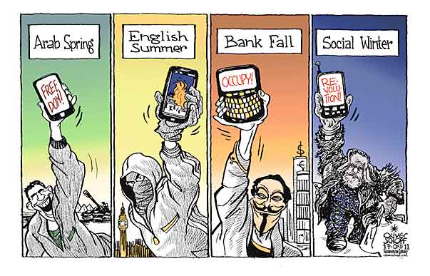 Oliver Schopf, editorial cartoons from Austria, cartoonist from Austria, Austrian illustrations, illustrator from Austria, editorial cartoon miscellaneous 2011 OCCUPY WALL STREET ARAB SPRING GUY FAWKES BANK PROTEST 4 SEASONS BEGGAR REVOLUTION  
