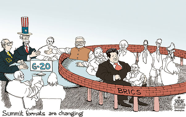 Oliver Schopf, editorial cartoons from Austria, cartoonist from Austria, Austrian illustrations, illustrator from Austria, editorial cartoon politics politician International, Cartoon Movement, CartoonArts International 2023: G-20 SUMMIT INDIA NEW DELHI BRICS THE WEST USA EU EAST EMERGING COUNTRIES NARENDRA MODI XIJINPING PUTIN LULA RAMAFOSA 

