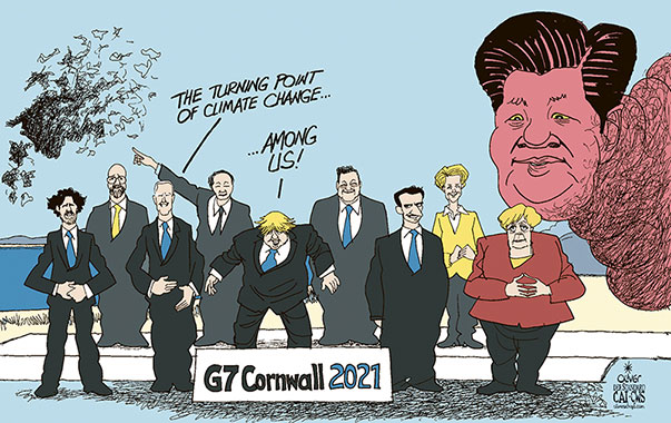 Oliver Schopf, editorial cartoons from Austria, cartoonist from Austria, Austrian illustrations, illustrator from Austria, editorial cartoon politics politician International, Politico, Cartoon Arts International, 2021: G7 CORNWALL CLIMATE CHANGE TURNING POINT ATMOSPHERE TRUMP XI JINPING CHINA CLOUD WEATHER CO2   
