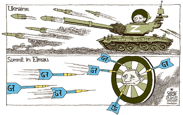 Oliver Schopf, editorial cartoons from Austria, cartoonist from Austria, Austrian illustrations, illustrator from Austria, editorial cartoon politics politician International, Cartoon Arts International, 2022: G7 SUMMIT ELMAU GERMANY UKRAINE WAR PUTIN TANK INVASION ARTILLERY SHELL CRUMP DARTS TARGET   


