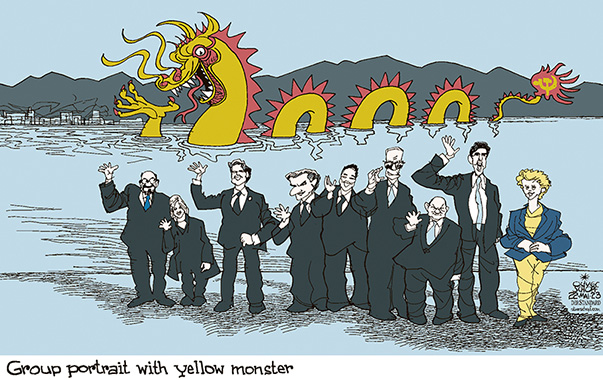 Oliver Schopf, editorial cartoons from Austria, cartoonist from Austria, Austrian illustrations, illustrator from Austria, editorial cartoon politics politician International, Cartoon Movement, CartoonArts International 2023: G7 SUMMIT JAPAN GROUP PORTRAIT CHINA DRAGON MONSTER LOCH NESS 


