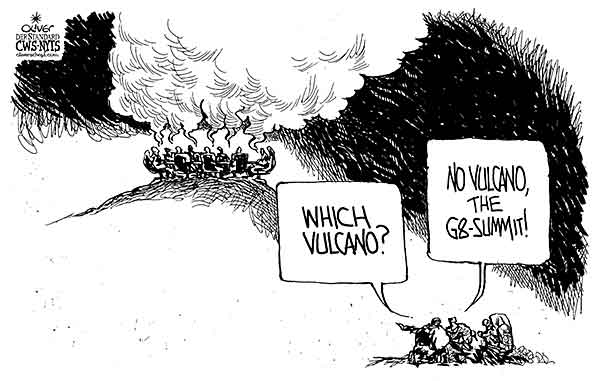 Oliver Schopf, editorial cartoons from Austria, cartoonist from Austria, Austrian illustrations, illustrator from Austria, editorial cartoon politics politician International 2011: volcano grimsvötn vatnajökull plume g8 summit economy airlines




