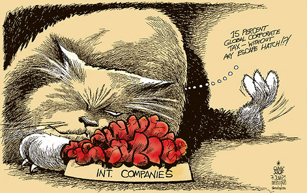 Oliver Schopf editorial cartoon: Due to a decision of the G-7-Groupe companies and corporates like Amazon, Google, Facebook or Apple have to pay a 15 percent global corporate tax threshold in the future.
Oliver Schopf, editorial cartoons from Austria, cartoonist from Austria, Austrian illustrations, illustrator from Austria, editorial cartoon politics politician International, Politico, Cartoon Arts International, 2021: G-7 GLOBAL CORPORATE TAX THRESHOLD 15 PERCENT COMPANIES CORPORATE CONGLOMERATE ESCAPE HATCH CAT FEED FOOD TAX HAVEN PAY