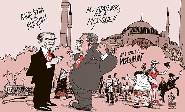 Oliver Schopf, editorial cartoons from Austria, cartoonist from Austria, Austrian illustrations, illustrator from Austria, editorial cartoon politics politician International, Politico, Cartoon Arts International, 2020: TURKEY HAGIA SOPHIA MUSEUM MOSQUE MUSTAFA KEMAL ATATÜRK ERDOGAN TOURISM TOURISTS DEBATE DISKUSSION RELIGION LAICISM  
   

