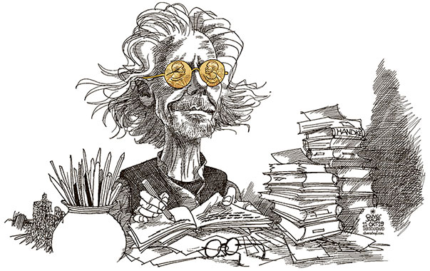 Oliver Schopf, editorial cartoons from Austria, cartoonist from Austria, Austrian illustrations, illustrator from Austria, editorial cartoon miscellaneous  2019 NOBEL PRIZE LITERATURE PETER HANDKE AUTHOR WRITER GLASSES  
