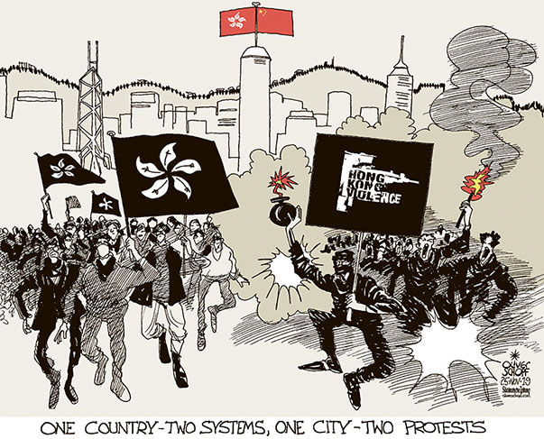 Oliver Schopf, editorial cartoons from Austria, cartoonist from Austria, Austrian illustrations, illustrator from Austria, editorial cartoon politics politician International, Süddeutsche Zeitung Cartoon Arts International, 2019: CHINA HONG KONG PROTESTS PROTESTERS VIOLENCE UNIVERSITY FLAG ONE LAND TWO SYSTEMS PEKING SKYLINE   


