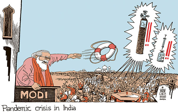 Oliver Schopf, editorial cartoons from Austria, cartoonist from Austria, Austrian illustrations, illustrator from Austria, editorial cartoon politics politician International, Politico, Cartoon Arts International, 2021: CORONAVIRUS CRISIS SARS-CoV-2 COVID-19 INDIA NARENDRA MODI RESCUE AID OXYGEN VACCINE POOR HELP DEFECT FLAW  

