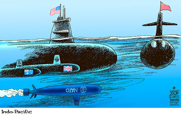 Oliver Schopf, editorial cartoons from Austria, cartoonist from Austria, Austrian illustrations, illustrator from Austria, editorial cartoon politics politician International, Cartoon Arts International, 2021: INDO PACIFIC SUBMARINE USA CHINA AUSTRALIA GREAT BRITAIN FRANCE NATO EUROPEAN UNION  


