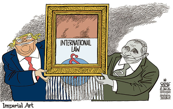 Oliver Schopf, editorial cartoons from Austria, cartoonist from Austria, Austrian illustrations, illustrator from Austria, editorial cartoon politics politician International, Cartoon Movement, @oliverschopf.bsky.social 2026: INTERNATIONAL LAW OF NATIONS TRUMP PUTIN VENEZUELA GREENLAND UKRAINE ART BANKSY SHREDDING SHRED PICTURE IMPERIAL 

 





 




























