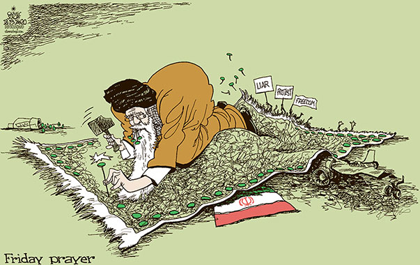 Oliver Schopf, editorial cartoons from Austria, cartoonist from Austria, Austrian illustrations, illustrator from Austria, editorial cartoon 2020 IRAN AYATOLLAH KHAMENEI FRIDAY PRAYER CARPET RUG AIRPLANE CRASH PROTESTS NAIL HAMMER      
   
