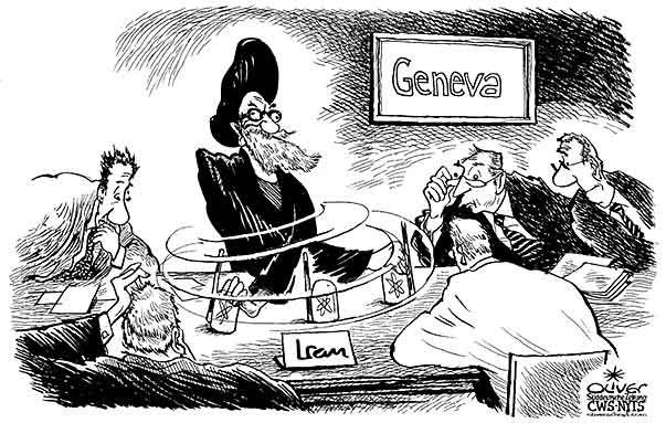 Oliver Schopf, editorial cartoons from Austria, cartoonist from Austria, Austrian illustrations, illustrator from Austria, editorial cartoon world   2009: iran, nuclear power, geneva, talks, negotiations, shell game politician politicians 