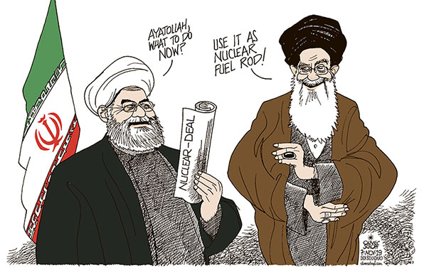 Oliver Schopf, editorial cartoons from Austria, cartoonist from Austria, Austrian illustrations, illustrator from Austria, editorial cartoon 2019 IRAN HASSAN ROUHANI AYATOLLAH ALI KHAMENEI NUCLEAR DEAL NUCLEAR POWER FUEL ROD PAPER ENERGY USE  
   
