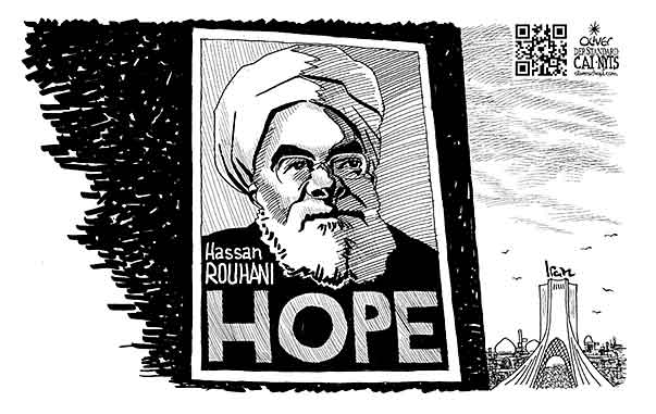 Oliver Schopf, editorial cartoons from Austria, cartoonist from Austria, Austrian illustrations, illustrator from Austria, editorial cartoon 2013 IRAN HASSAN ROUHANI ELECTIONS PRESIDENT TEHERAN OBAMA HOPE CHANGE     

