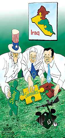 Oliver Schopf, editorial cartoons from Austria, cartoonist from Austria, Austrian illustrations, illustrator from Austria, editorial cartoon middle-east Mid East 2014 IRAQ PUZZLE MAP ORDER SHIITES SUNNIS SUNNITES KURDS IS USA EU BAN KI MOON UNO 
      
 
