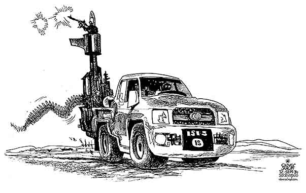 Oliver Schopf, editorial cartoons from Austria, cartoonist from Austria, Austrian illustrations, illustrator from Austria, editorial cartoon  2014 IS ISIS JIHADISTS MOSQUE WEAPON MINARET CAR TRUCK
