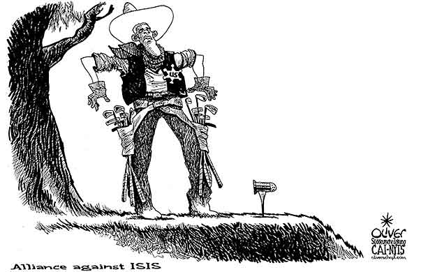Oliver Schopf, editorial cartoons from Austria, cartoonist from Austria, Austrian illustrations, illustrator from Austria, editorial cartoon  2014 IS ISIS JIHADISTS OBAMA USA ALLIANCE MIDDLE EAST SHERIFF GOLF CLUB  
