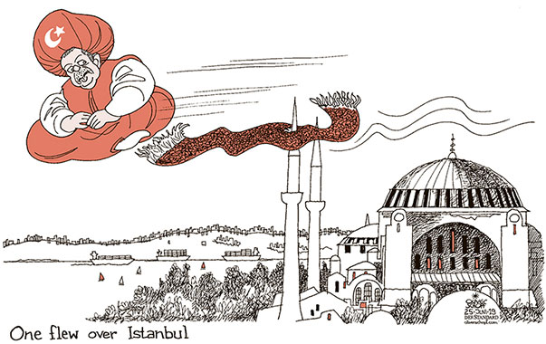 Oliver Schopf, editorial cartoons from Austria, cartoonist from Austria, Austrian illustrations, illustrator from Austria, editorial cartoon politics politician International, Cartoon Arts International, New York Times Syndicate, Cagle cartoon 2019 TURKEY MUNICIPAL ELECTIONS ISTANBUL ERDOGAN IMAMOGLU SULTAN MAGIC CARPET HAGIA SOPHIA FLY    
   

