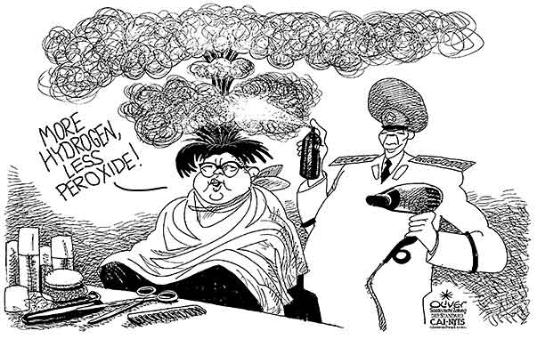 Oliver Schopf, editorial cartoons from Austria, cartoonist from Austria, Austrian illustrations, illustrator from Austria, editorial cartoon politics politician International, Cartoon Arts International, New York Times Syndicate, 2017: NORTH KOREA KIM JONG UN HAIRCUT HYDROGEN BOMB TEST MISSILE MILITARY   

