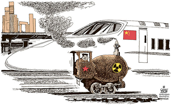 Oliver Schopf, editorial cartoons from Austria, cartoonist from Austria, Austrian illustrations, illustrator from Austria, editorial cartoon politics politician International, Cartoon Arts International, New York Times Syndicate, 2018: NORTH KOREA KIM JONG-UN TRAIN VISIT CHINA NUCLEAR BOMB NUKE STATION HIGH SPEED TRAIN 
