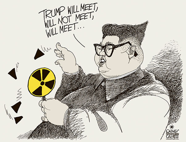 Oliver Schopf, editorial cartoons from Austria, cartoonist from Austria, Austrian illustrations, illustrator from Austria, editorial cartoon North Korea 2018 KIM JONG UN TRUMP SUMMIT SINGAPORE NUCLEAR WEAPON MEETING FLOWER    
