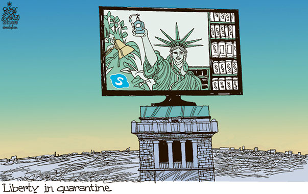 Oliver Schopf, editorial cartoons from Austria, cartoonist from Austria, Austrian illustrations, illustrator from Austria, editorial cartoon politics politician International, Politico, Cartoon Arts International, 2020 : CORONAVIRUS SARS-COV-2 COVID-19 CRISIS STATUE OF LIBERTY LADY LIBERTY FREEDOM DEMOCRACY QUARANTINE HOME OFFICE SKYPE VIDEO CONFERENCING CONFINEMENT  



