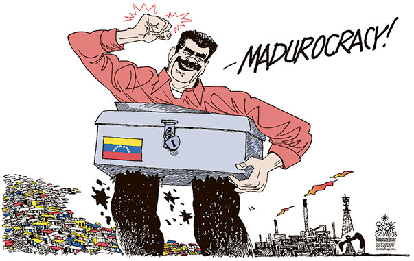 Oliver Schopf, editorial cartoons from Austria, cartoonist from Austria, Austrian illustrations, illustrator from Austria, editorial cartoon Middle and South America 2018 VENEZUELA NICOLAS MADURO PRESIDENTIAL ELECTIONS BALLOT BOX SECOND TERM WINNER CARACAS FAVELAS OIL COMPANIES 
