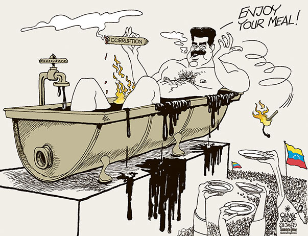 Oliver Schopf, editorial cartoons from Austria, cartoonist from Austria, Austrian illustrations, illustrator from Austria, editorial cartoon politics politician International, Cartoon Arts International, New York Times Syndicate, 2019 : VENEZUELA MADURO CORRUPTION OIL BATH TUB CIGAR FIRE MATCH BURNING PEOPLE HUNGRY FAMINE 
