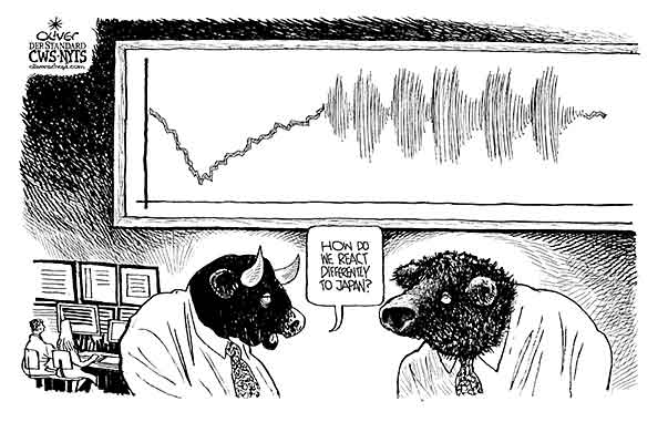 Oliver Schopf, editorial cartoons from Austria, cartoonist from Austria, Austrian illustrations, illustrator from Austria, editorial cartoon asia
2011 japan earthquake stock market bull bear react tsunami nuke disaster Fukoshima

