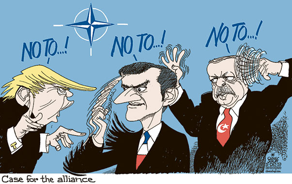 Oliver Schopf, editorial cartoons from Austria, cartoonist from Austria, Austrian illustrations, illustrator from Austria, editorial cartoon International 2019 NATO MACRON BRAINDEAD TRUMP ERDOGAN CONFLICT ALLIANCE CASE  


